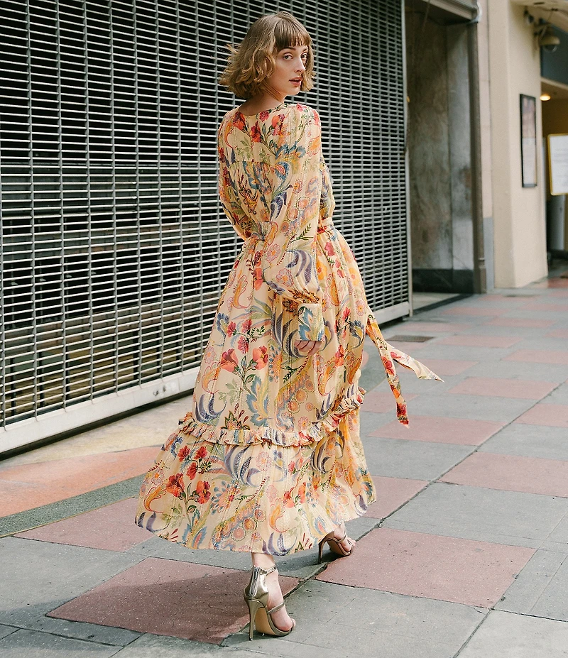 CIEBON Leyn Floral Metallic Jacquard Georgette V-Neck Long Sleeves Belted A-Line Maxi Dress