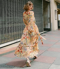 CIEBON Leyn Floral Metallic Jacquard Georgette V-Neck Long Sleeves Belted A-Line Maxi Dress