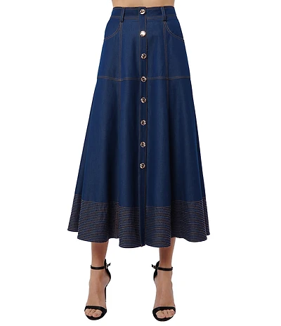 CIEBON Lilian Denim High Waist Button Front A-Line Midi Skirt