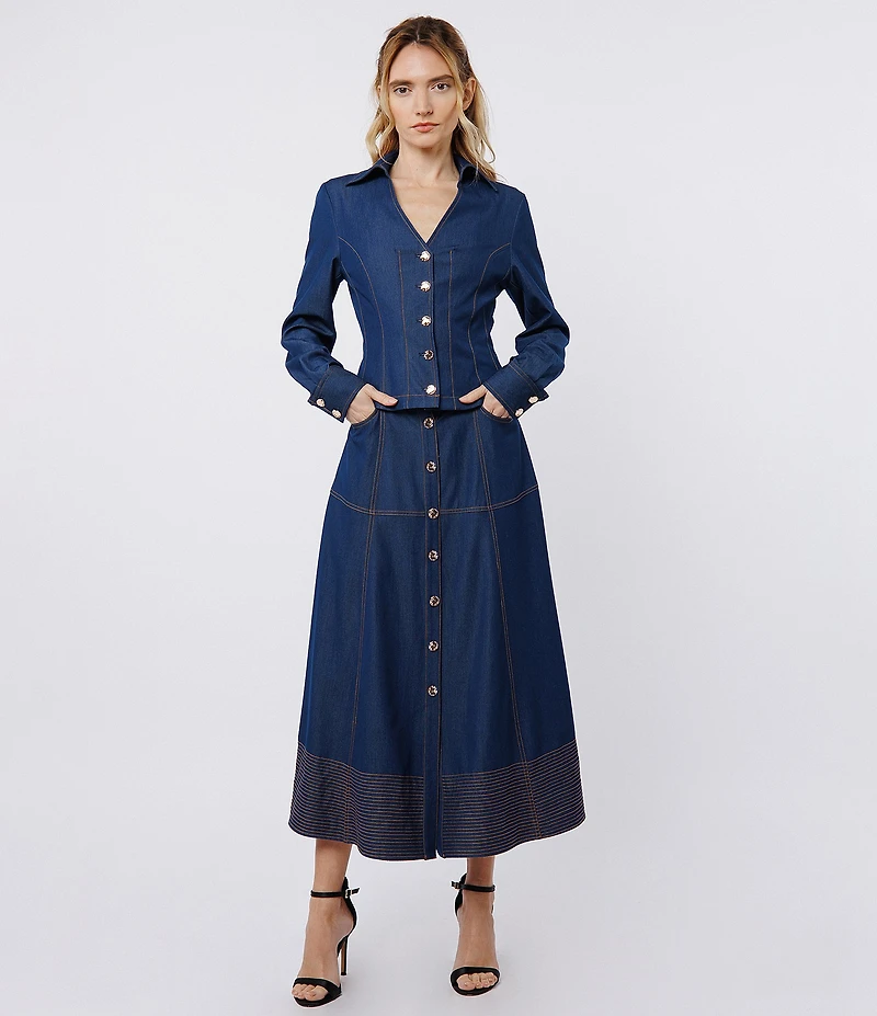 CIEBON Lilian Denim High Waist Button Front A-Line Midi Skirt