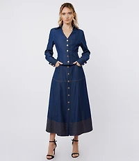 CIEBON Lilian Denim High Waist Button Front A-Line Midi Skirt