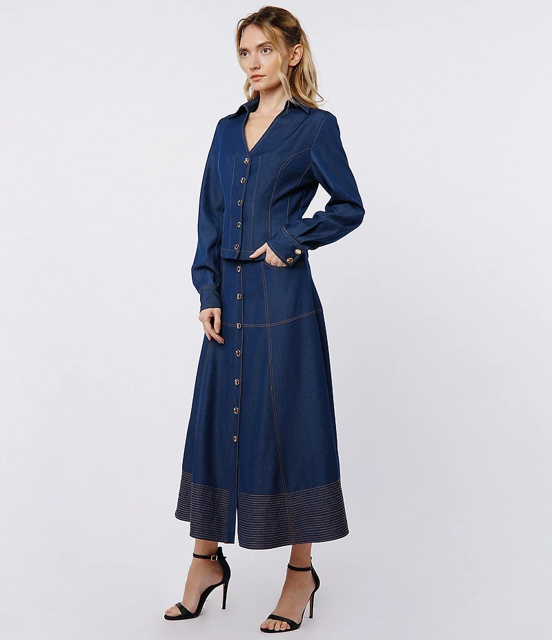 CIEBON Lilian Denim High Waist Button Front A-Line Midi Skirt