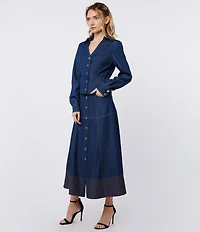 CIEBON Lilian Denim High Waist Button Front A-Line Midi Skirt
