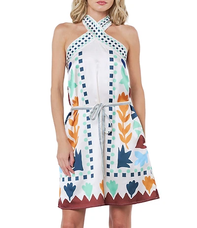 CIEBON Lio Abstract Printed Halter Neck Sleeveless Satin Mini Dress