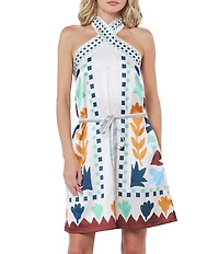 CIEBON Lio Abstract Printed Halter Neck Sleeveless Satin Mini Dress