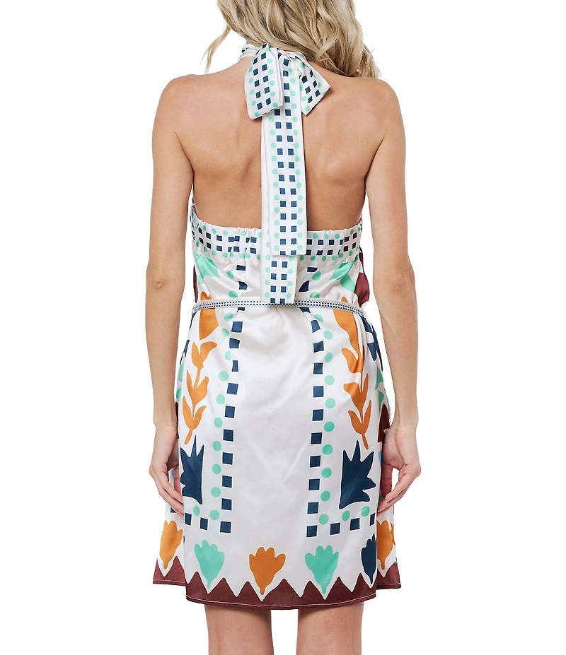 CIEBON Lio Abstract Printed Halter Neck Sleeveless Satin Mini Dress