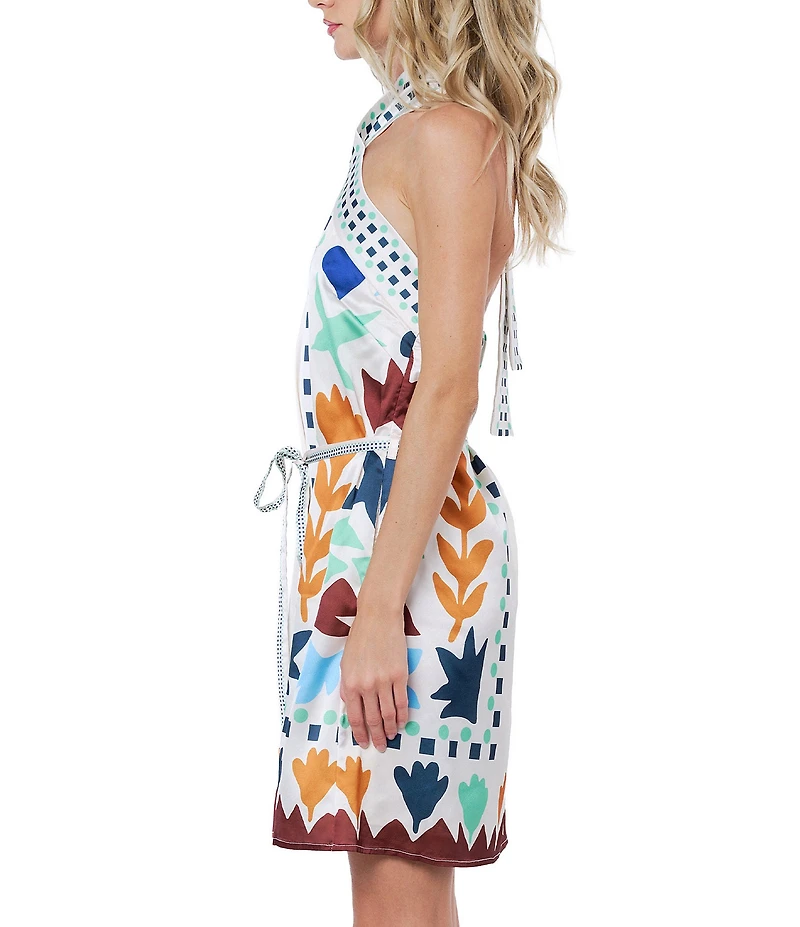 CIEBON Lio Abstract Printed Halter Neck Sleeveless Satin Mini Dress