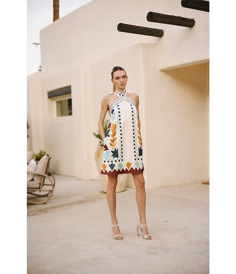 CIEBON Lio Abstract Printed Halter Neck Sleeveless Satin Mini Dress