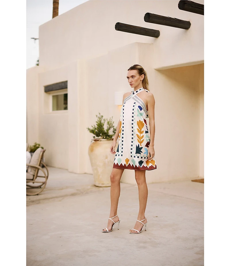 CIEBON Lio Abstract Printed Halter Neck Sleeveless Satin Mini Dress