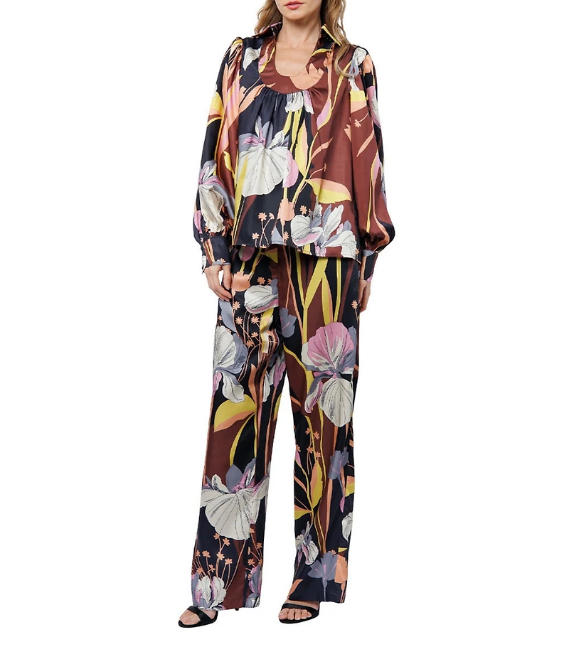 CIEBON Loren Floral Print Scoop Neck Long Sleeve Satin Coordinating Top
