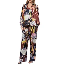 CIEBON Loren Floral Print Scoop Neck Long Sleeve Satin Coordinating Top