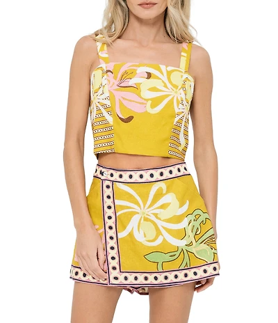 CIEBON Loren Floral Printed Square Neck Sleeveless Coordinating Cropped Top