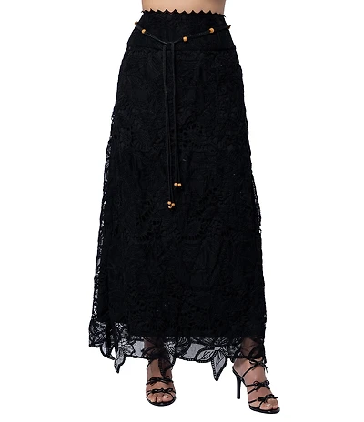 CIEBON Lori High-Rise A-Line Belted Embroidered Lace Coordinating Maxi Skirt