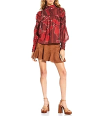 CIEBON Lynn Floral Print Tie Mock Neck Long Puff Sleeve Top