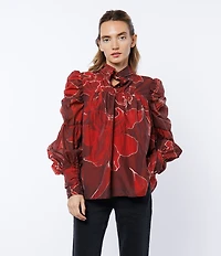 CIEBON Lynn Floral Print Tie Mock Neck Long Puff Sleeve Top