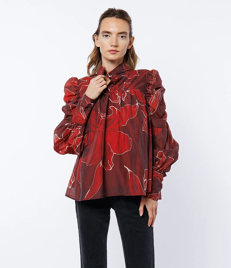 CIEBON Lynn Floral Print Tie Mock Neck Long Puff Sleeve Top
