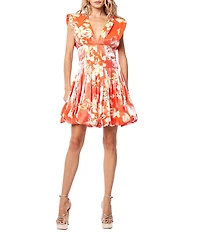 CIEBON Lyss Floral Print V-Neck Cap Sleeve Bubble Mini Dress