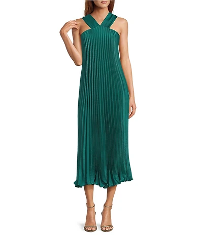 CIEBON Melisa Halter Neck Sleeveless Pleated Shimmer Satin Midi Dress