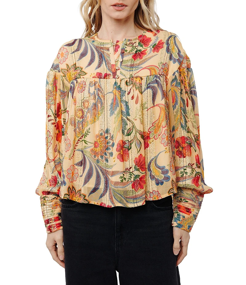CIEBON Milena Floral Metallic Jacquard Georgette Split Neck Flowy Fit Top