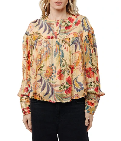 CIEBON Milena Floral Metallic Jacquard Georgette Split Neck Flowy Fit Top