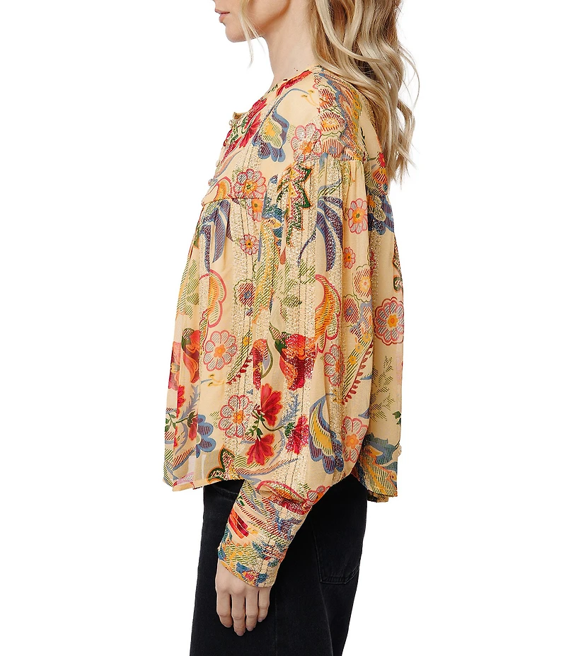 CIEBON Milena Floral Metallic Jacquard Georgette Split Neck Flowy Fit Top