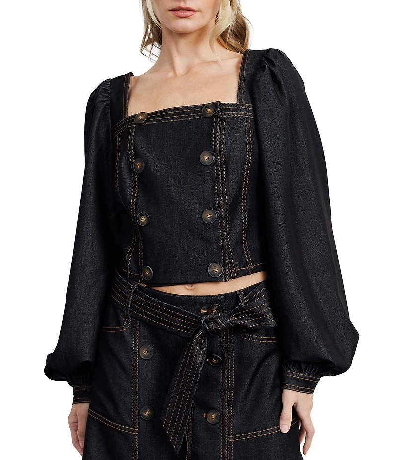 CIEBON Myers Coordinating Denim Square Neck Balloon Sleeve Button Front Top