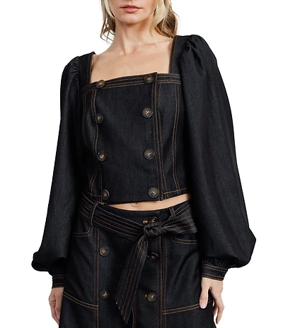 CIEBON Myers Coordinating Denim Square Neck Balloon Sleeve Button Front Top