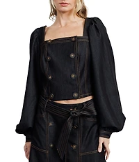 CIEBON Myers Coordinating Denim Square Neck Balloon Sleeve Button Front Top