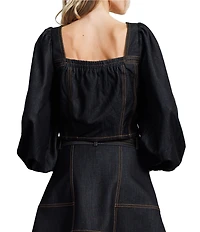 CIEBON Myers Coordinating Denim Square Neck Balloon Sleeve Button Front Top