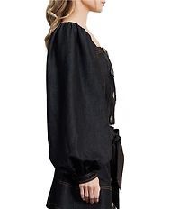 CIEBON Myers Coordinating Denim Square Neck Balloon Sleeve Button Front Top