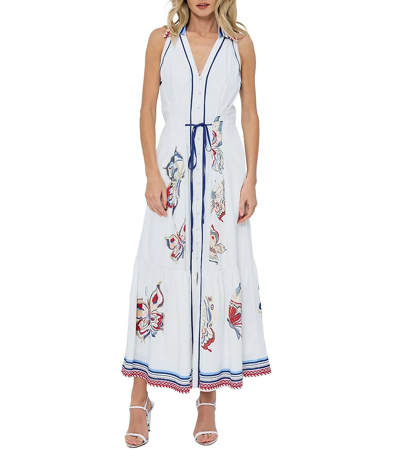 CIEBON Neena Butterfly Printed Halter V-Neck Sleeveless Twill A-Line Maxi Dress