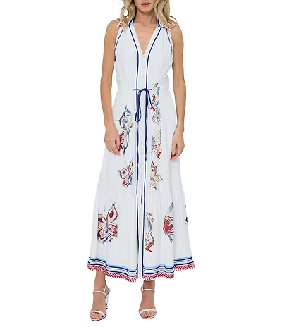 CIEBON Neena Butterfly Printed Halter V-Neck Sleeveless Twill A-Line Maxi Dress