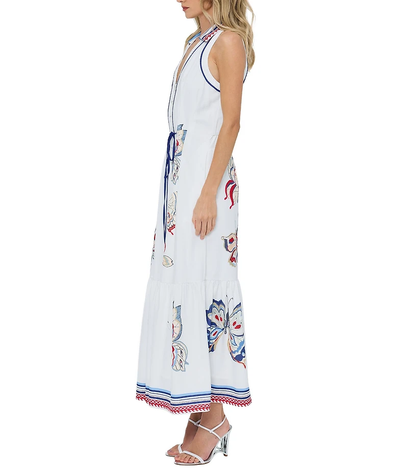 CIEBON Neena Butterfly Printed Halter V-Neck Sleeveless Twill A-Line Maxi Dress