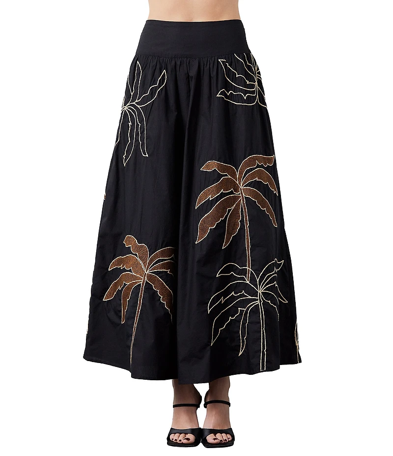 CIEBON Nuri Palm Tree Cotton Poplin Embroidered High Waist Maxi Coordinating Skirt