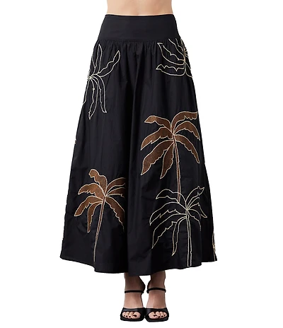 CIEBON Nuri Palm Tree Cotton Poplin Embroidered High Waist Maxi Coordinating Skirt