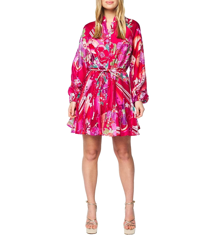 CIEBON Nylah Mandarin Collar Long Sleeve Printed Mini Dress