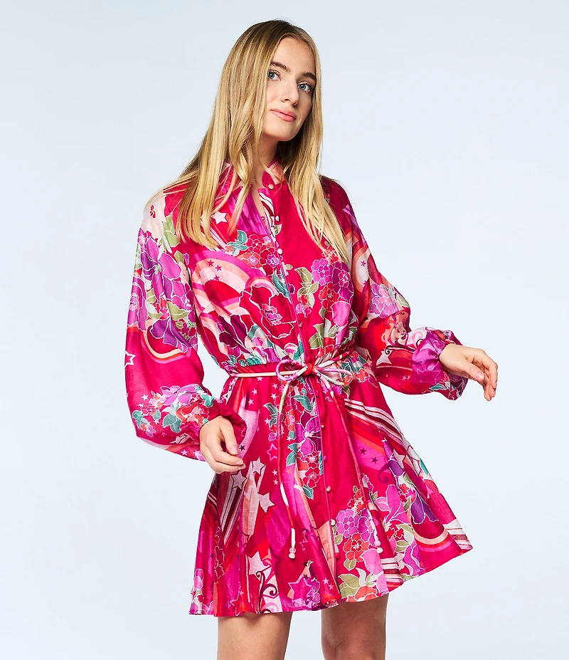 CIEBON Nylah Mandarin Collar Long Sleeve Printed Mini Dress