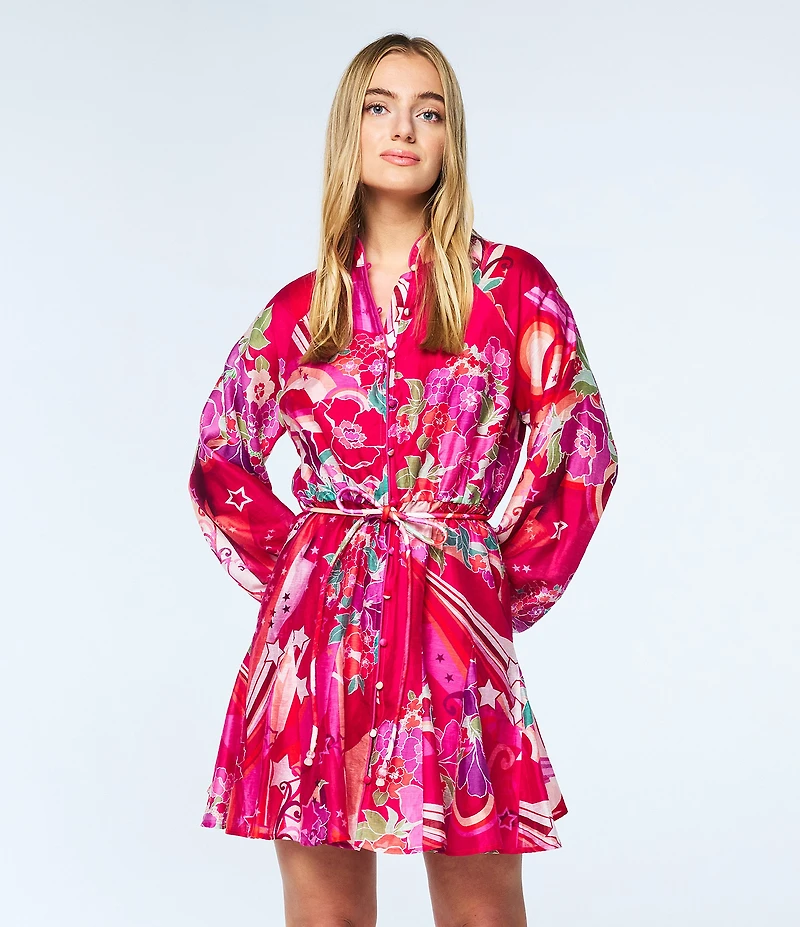 CIEBON Nylah Mandarin Collar Long Sleeve Printed Mini Dress