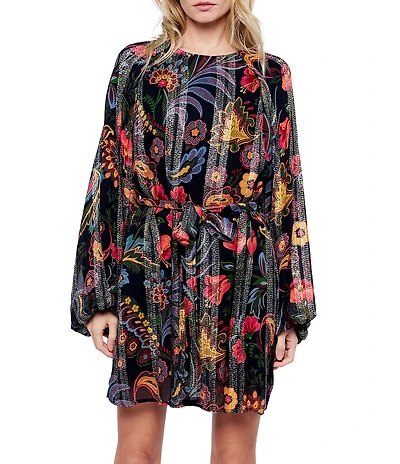 CIEBON Odette Metallic Jacquard Georgette Floral Print Boat Neck Belted Mini Dress