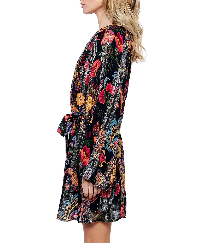 CIEBON Odette Metallic Jacquard Georgette Floral Print Boat Neck Belted Mini Dress