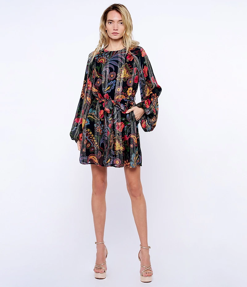 CIEBON Odette Metallic Jacquard Georgette Floral Print Boat Neck Belted Mini Dress
