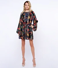 CIEBON Odette Metallic Jacquard Georgette Floral Print Boat Neck Belted Mini Dress