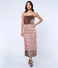 CIEBON Oliviera Fringe Mesh Column Sequin Straight Neckline Sleeveless Midi Dress