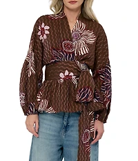 CIEBON Opal Textured Floral Printed Surplice V-Neck Long Sleeve Wrap Blouse