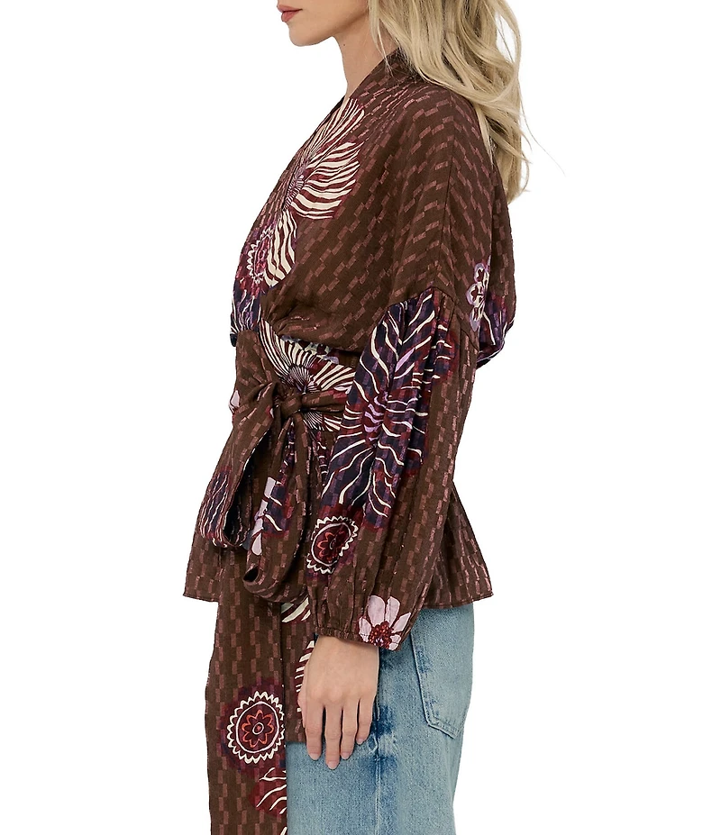 CIEBON Opal Textured Floral Printed Surplice V-Neck Long Sleeve Wrap Blouse
