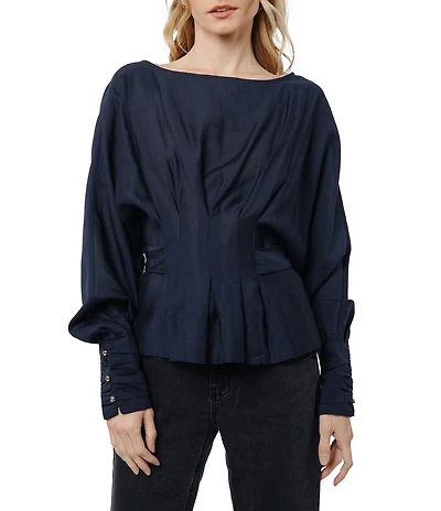 CIEBON Pera Woven Boat Neck Pleated Batwing Sleeve Top