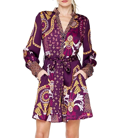 CIEBON Petite Size Antonella Printed V-Neck Long Sleeve Mini Dress