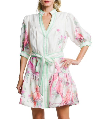 CIEBON Petite Size Ashton Bird Print Collared V-Neck Short Sleeve Belted A-Line Mini Dress