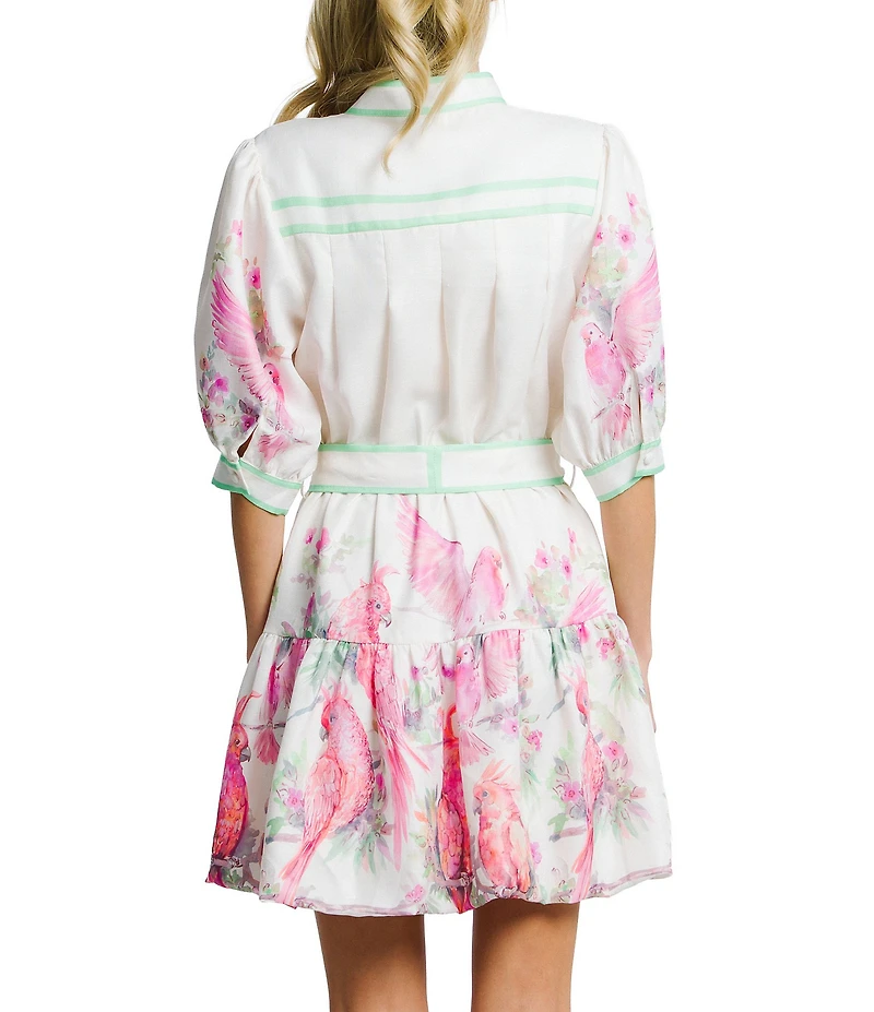 CIEBON Petite Size Ashton Bird Print Collared V-Neck Short Sleeve Belted A-Line Mini Dress