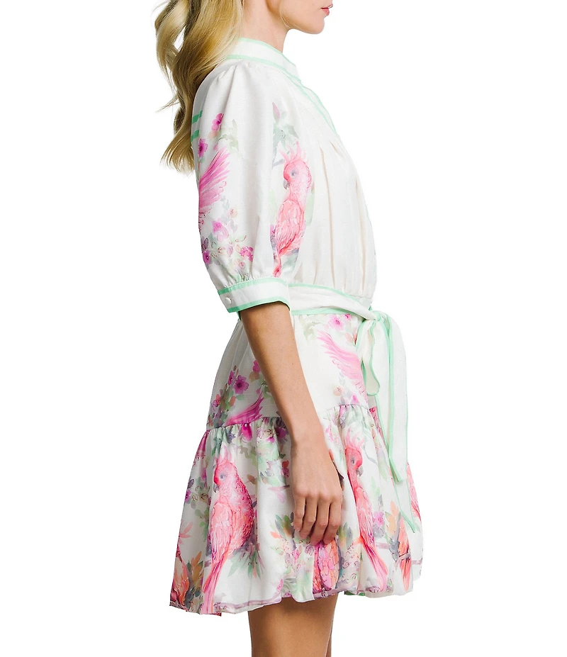 CIEBON Petite Size Ashton Bird Print Collared V-Neck Short Sleeve Belted A-Line Mini Dress